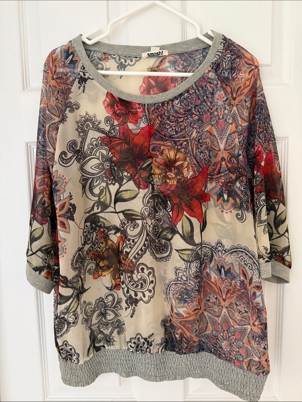 Smash! Floral Tattoo-Print Semi-Sheer Jersey Knit Top EU XL / US Large
